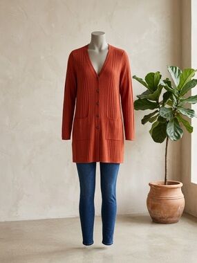 Chico's Long Ribbed Button-Front Cardigan in Rust Orange